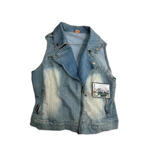 Jou Jou Womens M Distressed Motorcycle Denim Jean Vest Blue Zipper Detail NEW